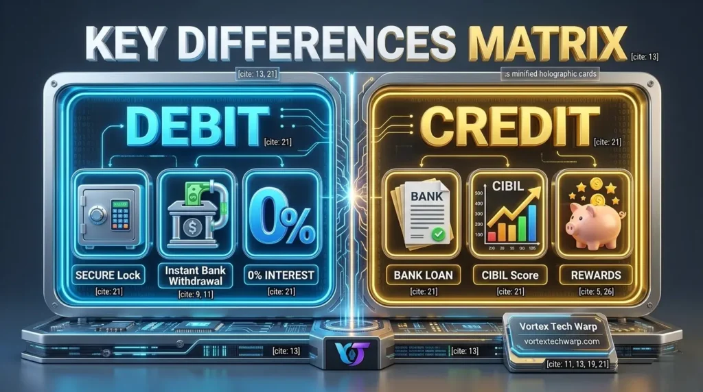 Comparative matrix of Debit Card vs Credit Card in Hindi