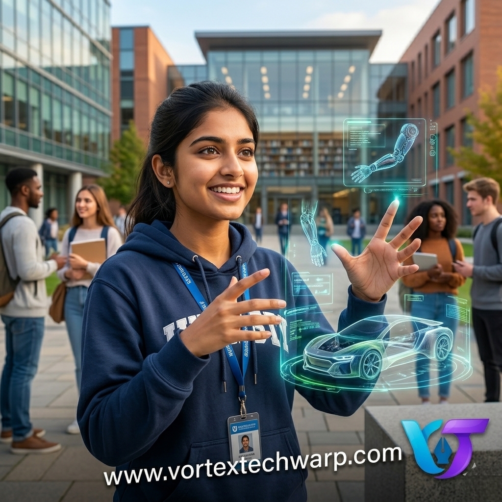 Young Indian student explains startup concept on campus