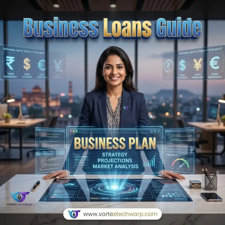Indian woman entrepreneur checking business loan 2026 guide.